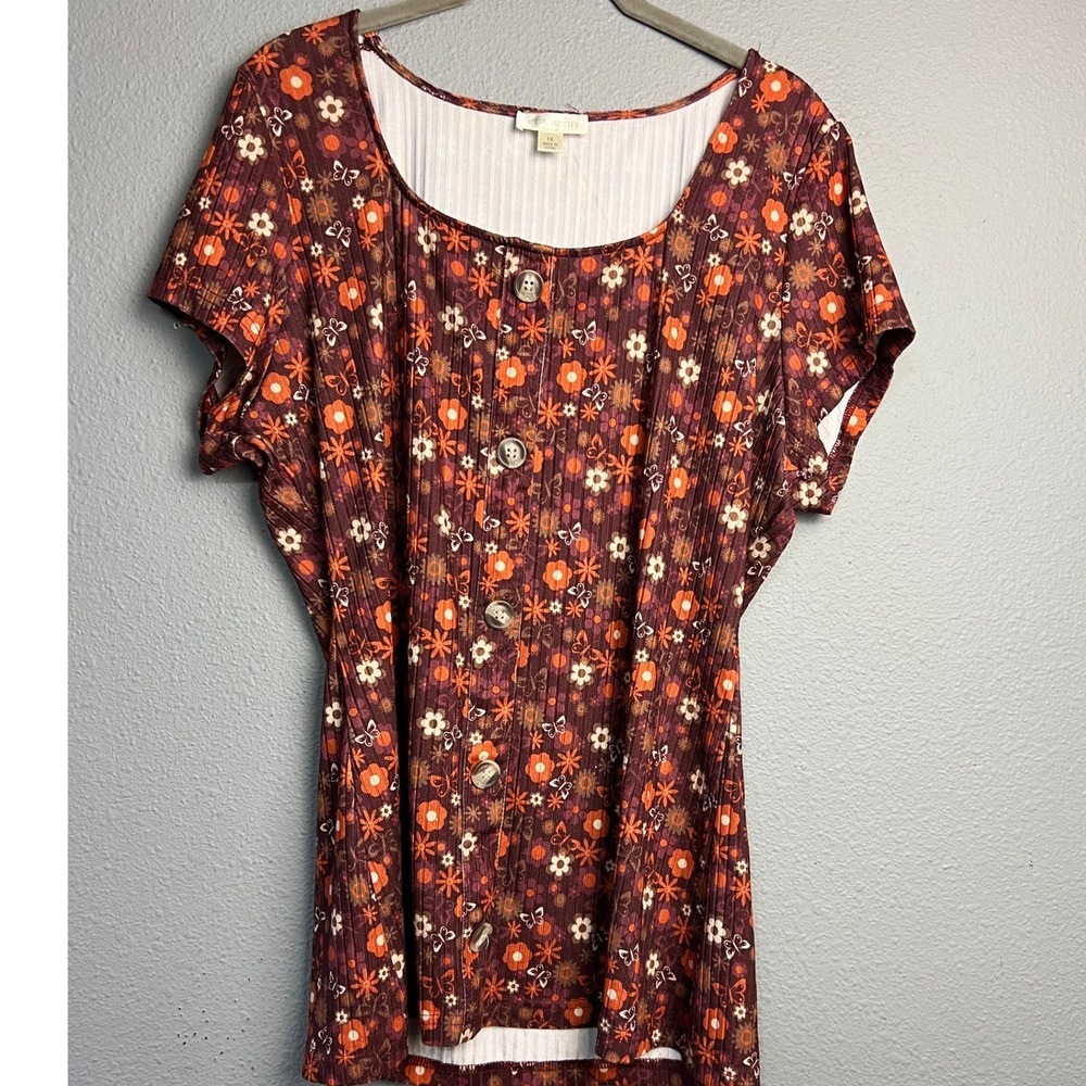 J For Justify Womens 1X Burgundy Floral Butterfly Ribbed Knit Button Front Top